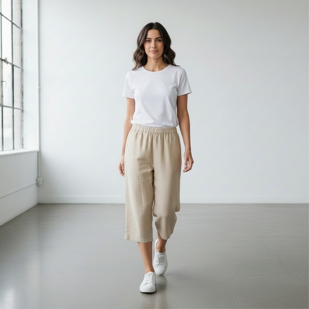 J Jill Women's 100% Linen Pants Pull On Capris Minimalist Beige Pockets Size XS